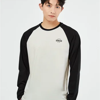 새로운 남성 티셔츠 순수 코튼 인쇄 탑 컬러 블록 스플 라이스 어깨 남성 라운드 넥 긴 소매 티셔츠 13022860
