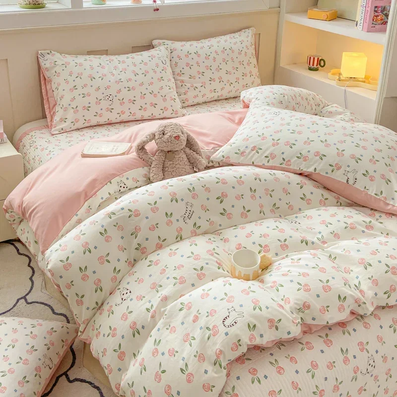 Plant Floral Duvet Cover 3 Piece Set, Cute Cartoon Cat Pattern Bedding Set, Women Kids Girls Bedroom Decorative Pink Quilt Cover