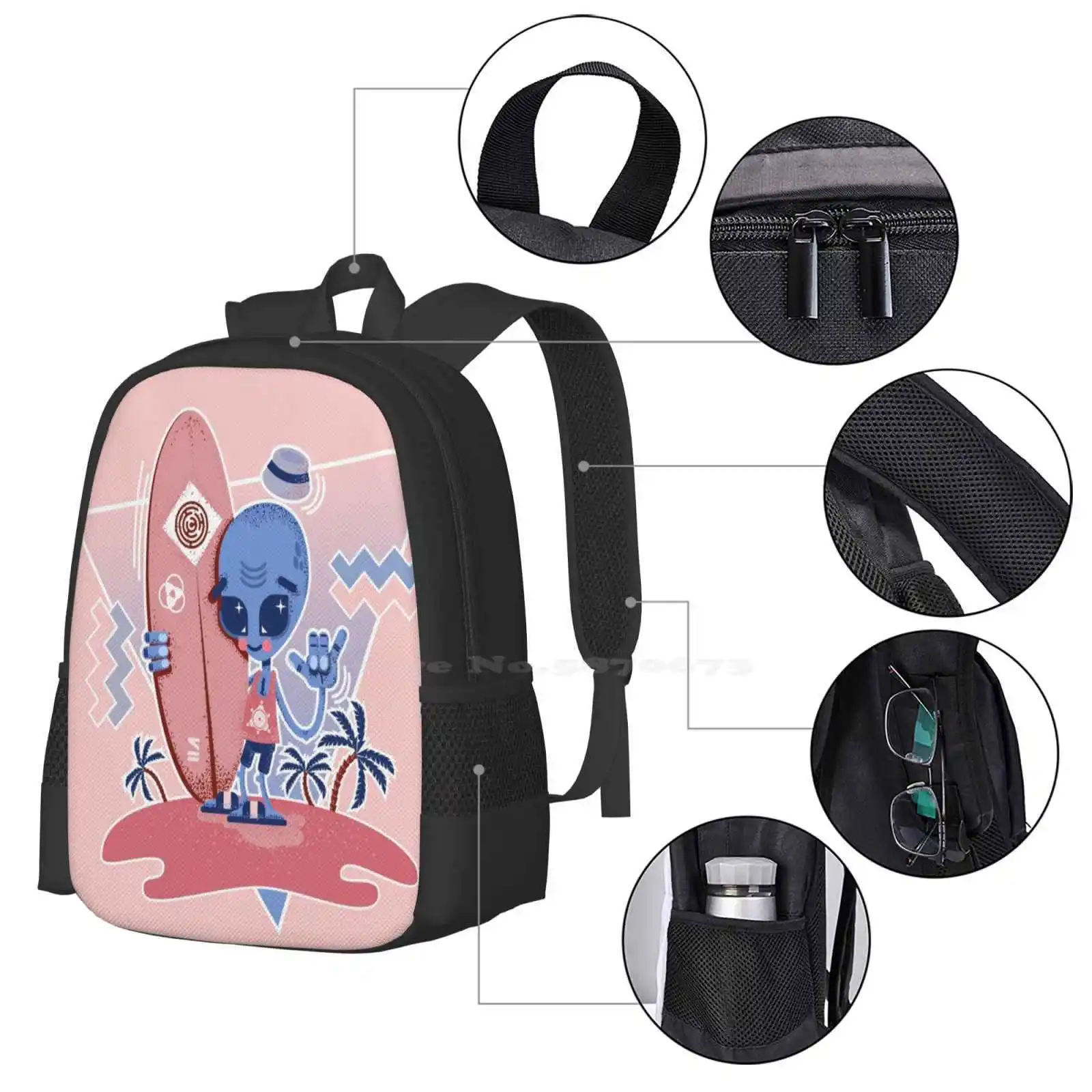 Alien Surf-mochila con estampado 3D de serenidad, bolsa de estudiante para colgar, suelta, alienígena E T, OVNI, palmeras, serenidad Tropical, Rosa