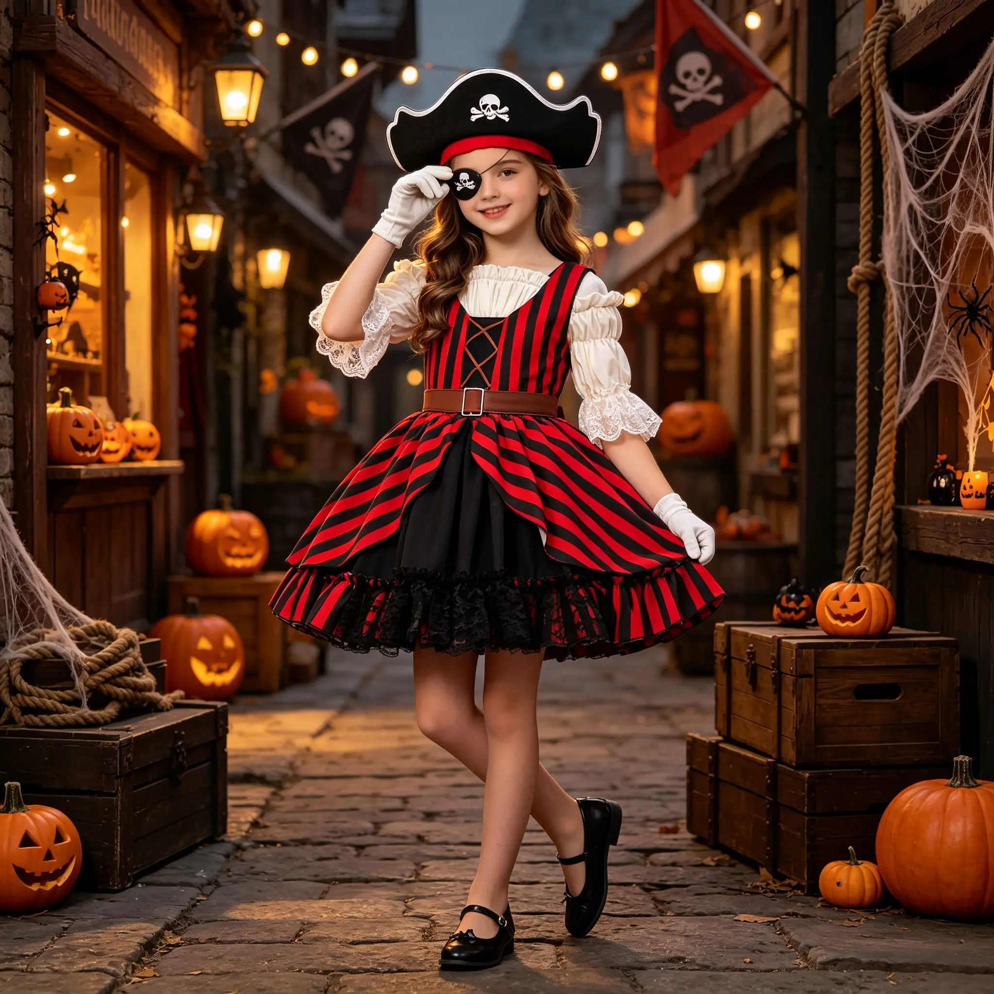 Disfraz de pirata para Halloween, con vestido rojo a rayas y accesorios, ideal para niños, para representaciones de piratas, fiestas de carnaval y eventos temáticos.