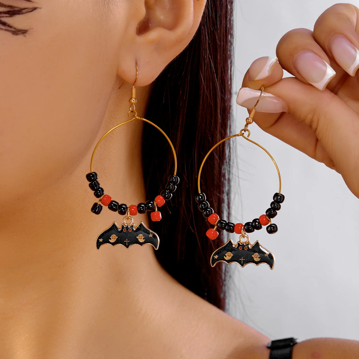 Design Sense Halloween-Kürbis-Katzen-Ohrringe für Frauen, übertriebene Reisperlen, großer Kreis, Creolen, festlicher Party-Schmuck – Detail 14