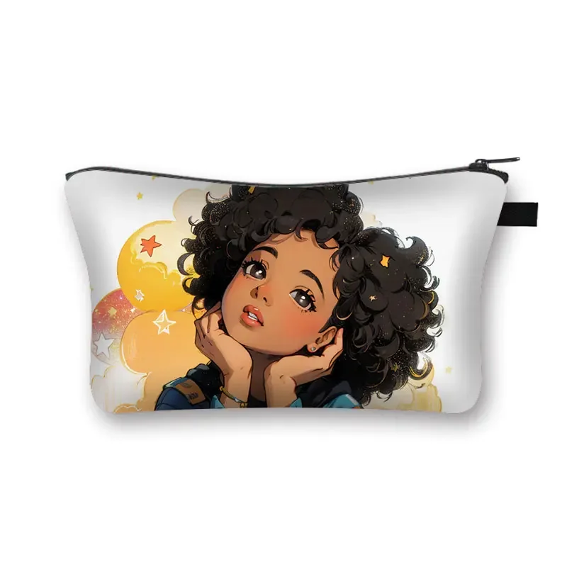 Cute Afro Girl Cosmetic Case Melanin Latino Africa Women Beauty Makeup Bag Lipstick Napkin Storage Bag for Travel Zipper Pouch