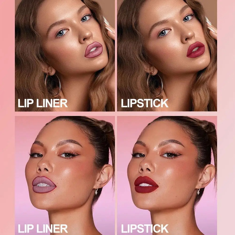 2Pcs 매트 립스틱 & 립 라이너 2in1 세트 오랫동안 지속되는 스틱 컵 립 라이너 메이크업 립 스테인은 쉽게 퇴색하지 않습니다 방수 립 라이너