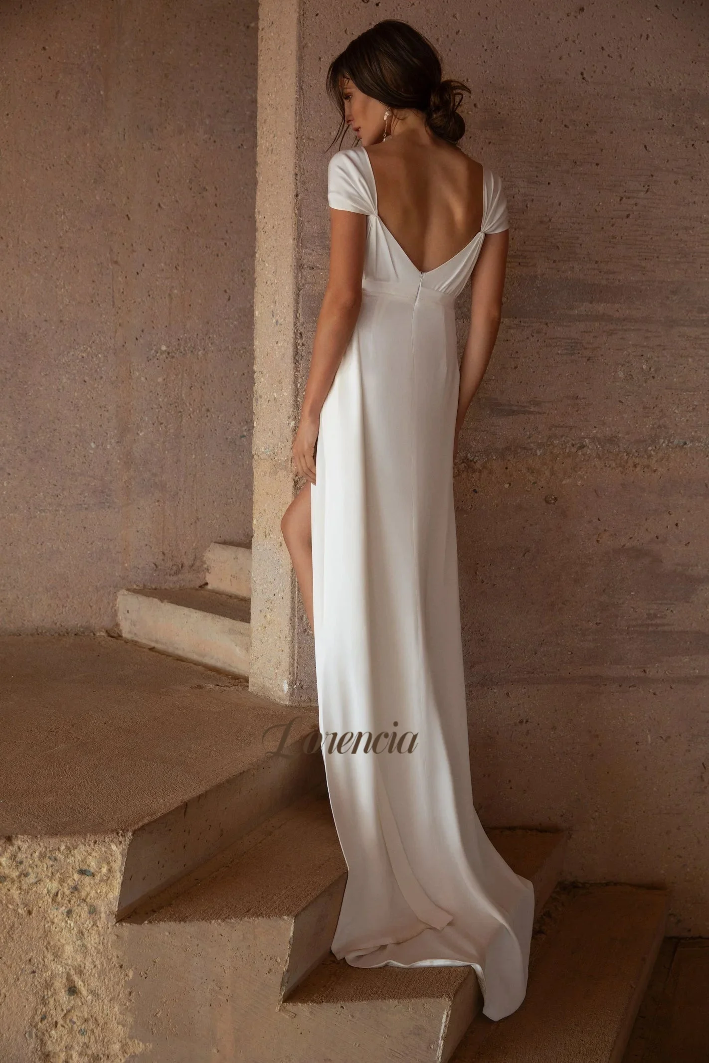 Lorencia Simple Soft Satin Fitted Wedding Dresses Cowl Neckline Cap Sleeves High Slit Crepe Minimalist Bridal Gowns Customized