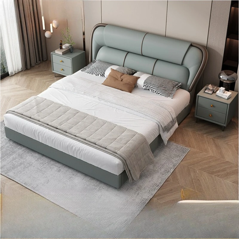 Simple leather bed double master bedroom big bed, light luxury small apartment
