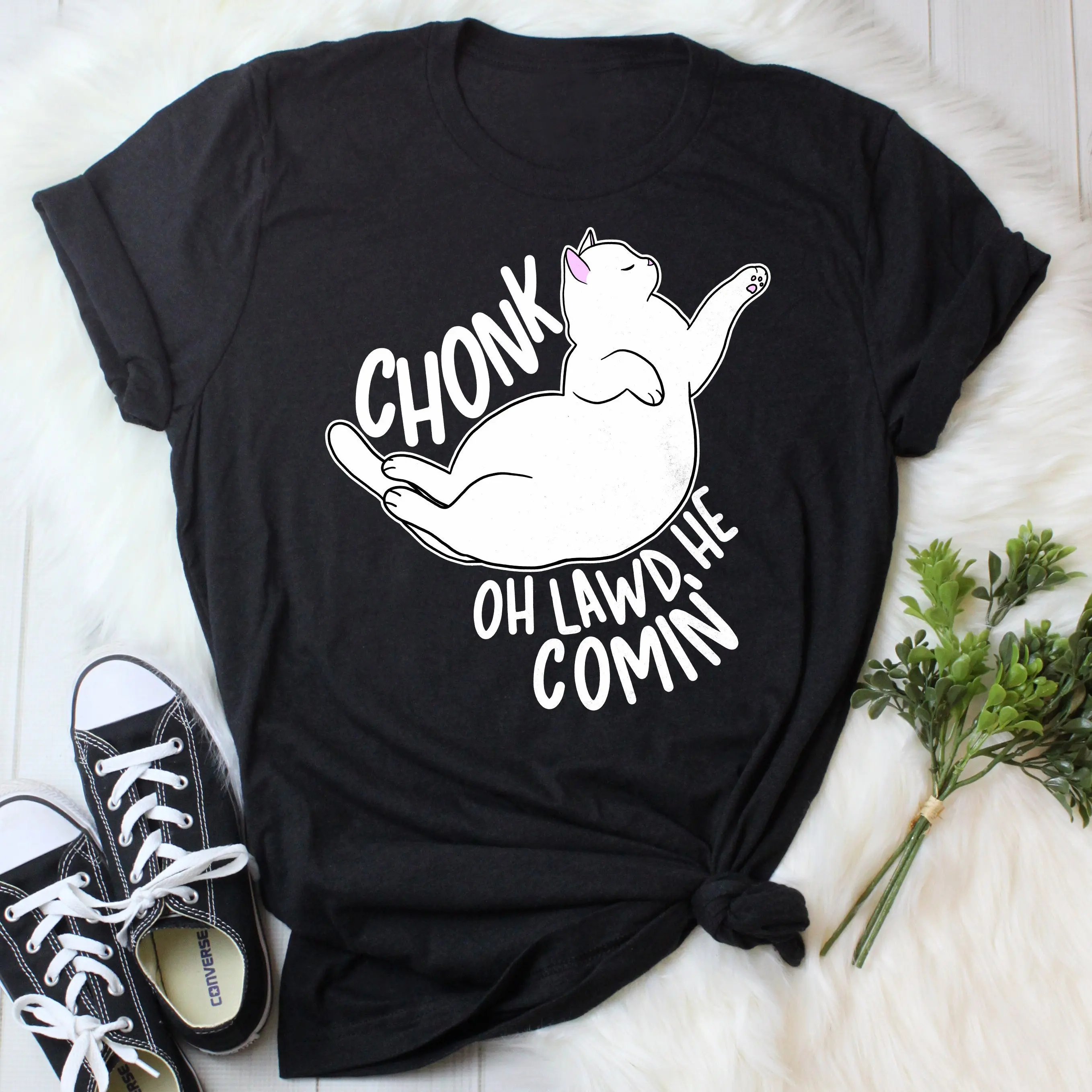 Oh Lawd He Comin' Chonk Cat T Shirt Funny Lover Cute Pet Meme Absolute Unit Chonky Chonker White