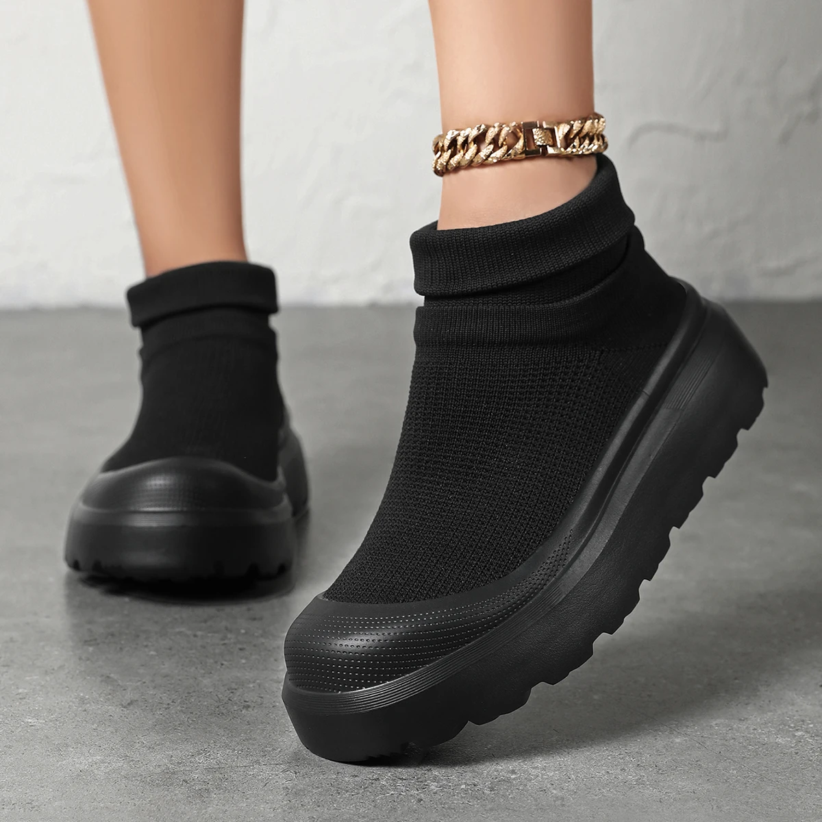 Women's Platform Sock Boots Black Knit Slip-On Chunky Sneakers Casual Stretch Ankle Shoes view 3
