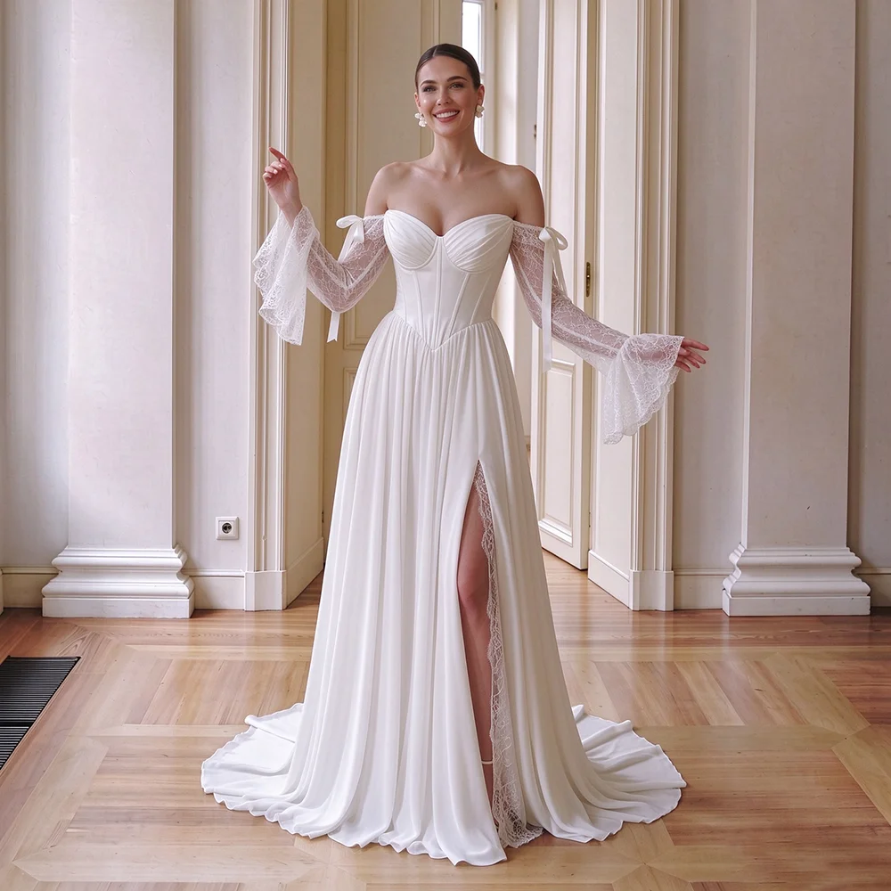 Long Fit and Flare Sleeve A Line Chiffon Boho Wedding Dress High Slit Lace Sweetheart Cupped Corset Ivory Drop Waist Bridal Gown