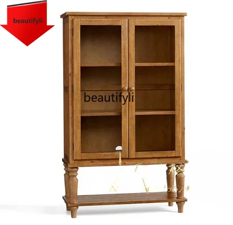 

A44 American Country Solid Wood Wine Cabinet New Classical Glass Door Sideboard Cabinet Double-Door Storage Cabinet
