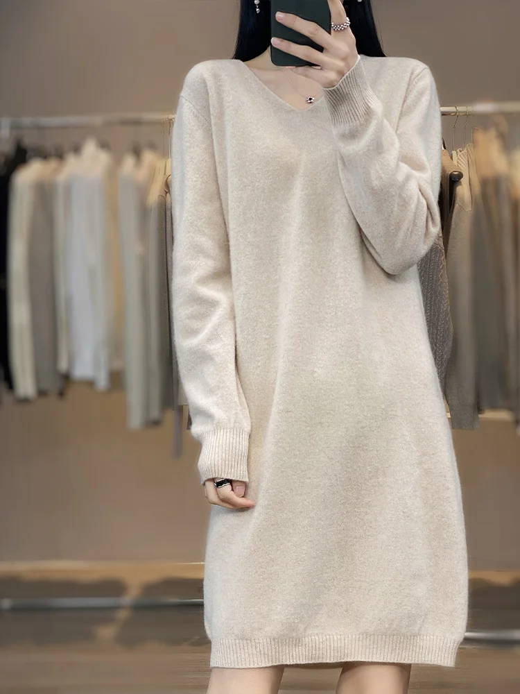 

Женские элегантные кашемировые платья-свитера из 100% мериносовой шерсти, сексуальная повседневная трикотажная юбка с v-образным вырезом, осень-зима, женское черное платье, одежда