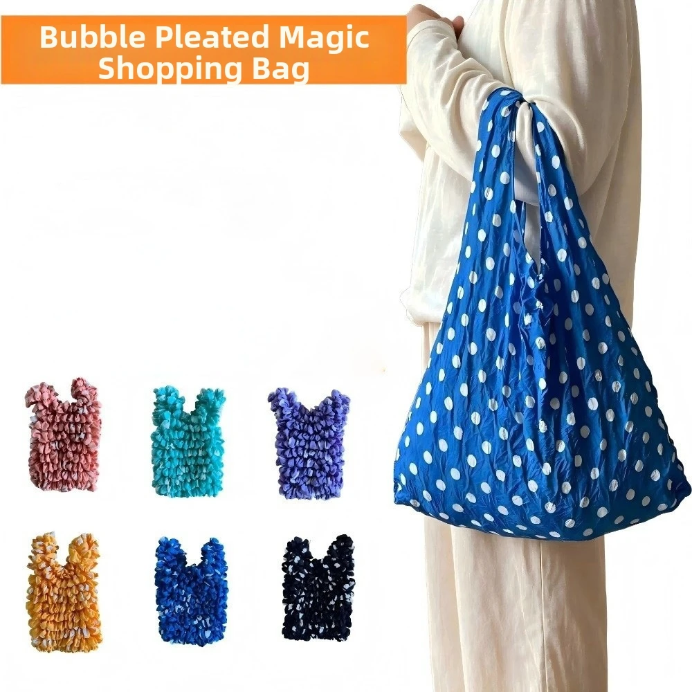 Large Capacity Stretch Shopping Bag Bubble Pleated Polka Dot Tote Shoulder Bag Magic Stretch 1PC Foldable Storage Bag