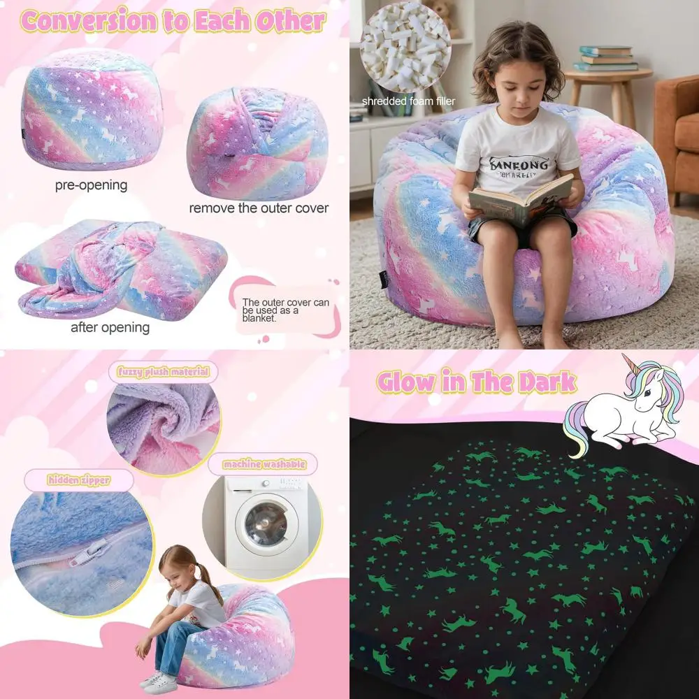 

Convertible Kids' Bean Bag Chair: Toddler Floor Mattress with Pillow, Unisex Design, Rainbow Colors