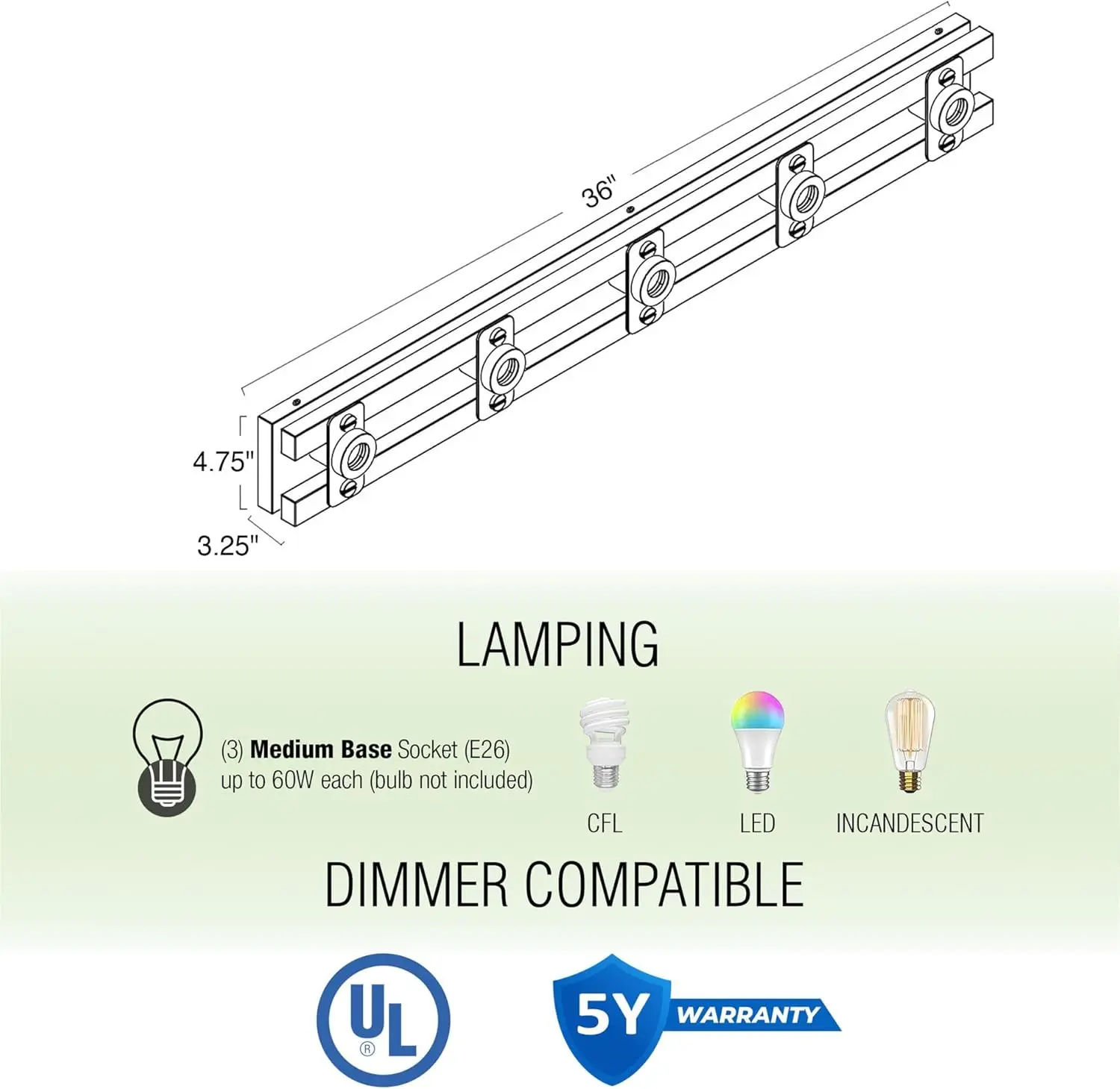 Hogan 36"" 5-Light Farmhouse Vanity/Bathroom Light Bar, Racetrack Bath Vanity, Open Design, Black + Smoked Birch Finish