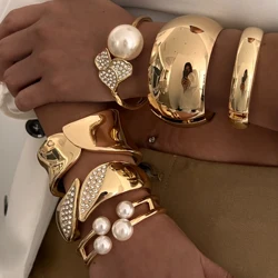 Ingemark 6 Styles Vintage Hip Hop Imitation Pearl Beads Open Cuff Bangles Women Punk Gold Color Rhinestone Bracelet Men Jewelry