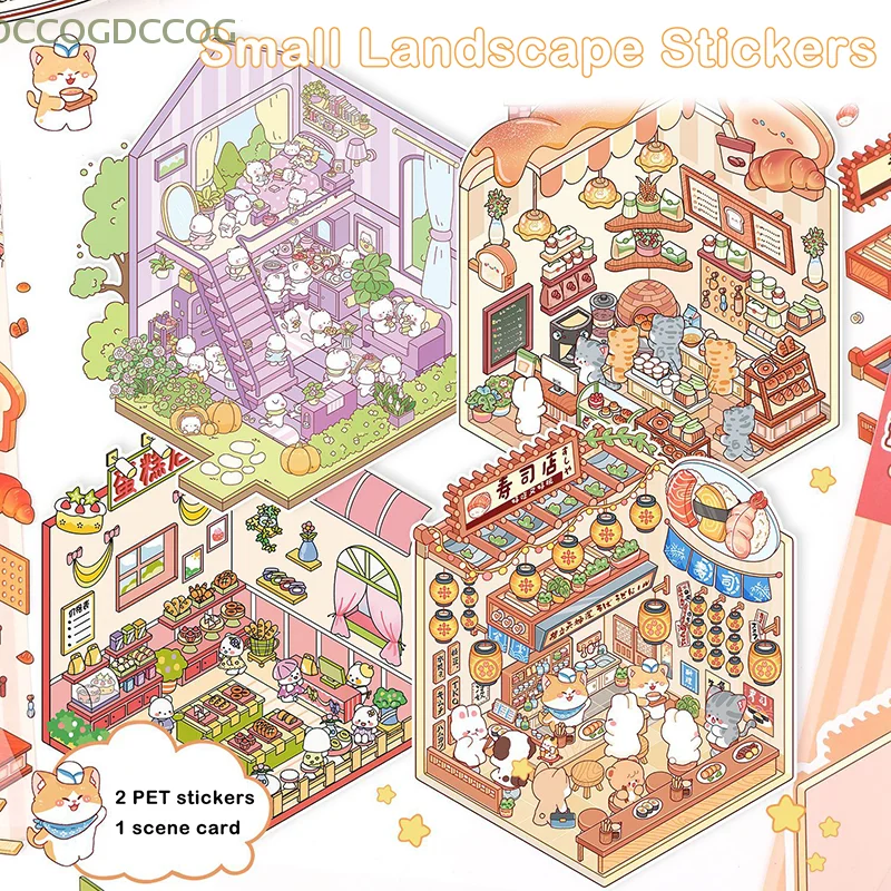 1Set Cartoon Pocket Cabin Scene Stacking Pasting Stickers Cute Three-Dimensional Handbook Stickers Miniature Scene Stickers