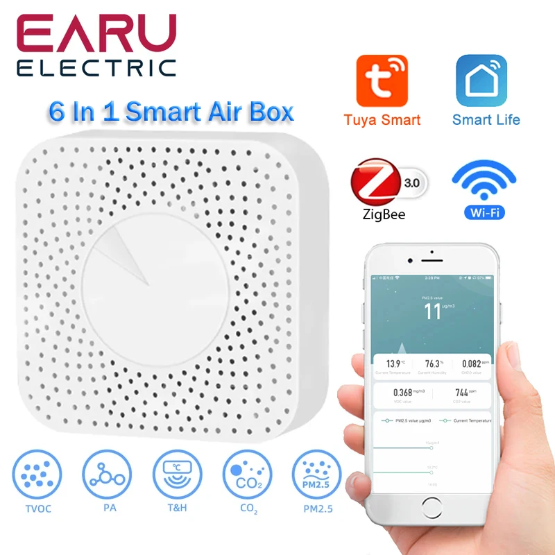 Tuya WiFi ZigBee Air Housekeeper PM2.5 Formaldehyde VOC CO2 Temperature Humidity 6 in 1 Smart Air Box Sensor Automation Alarm