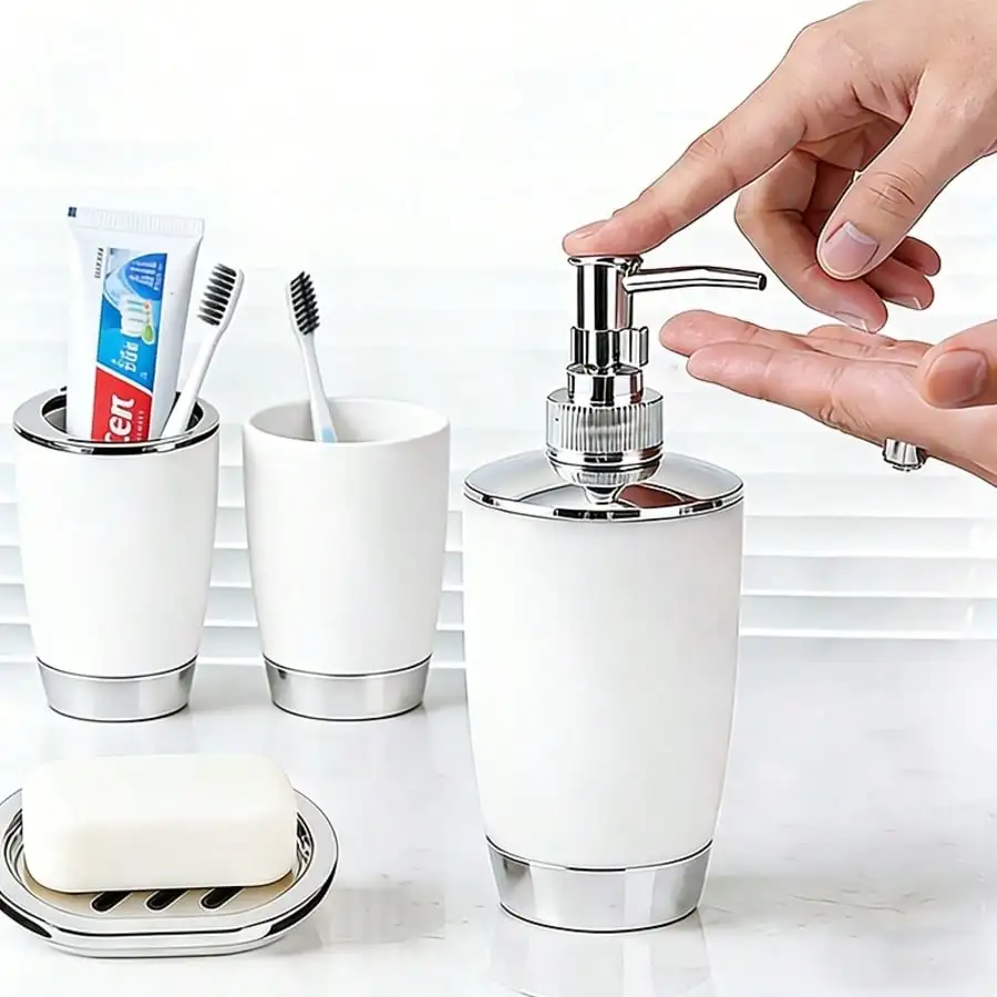 4/6/7‑Piece Luxury Modern Bathroom Accessory Set, Includes Trash Can, Toilet Brush, Soap Dispenser, Soap Dish, Rinse Cup & Toothbrush Holder, Space‑Saving Easy‑to‑Clean Bathroom Kit, Holiday Gift for Birthday, Halloween & Christmas