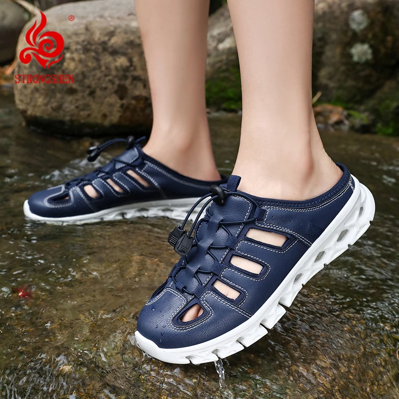 STRONGSHEN Men's Slippers Outdoor Breathable Hollow Out Water Shoe Thick Sole Outer Wear Casual Shoes Non-Slip Sports Flip Flops