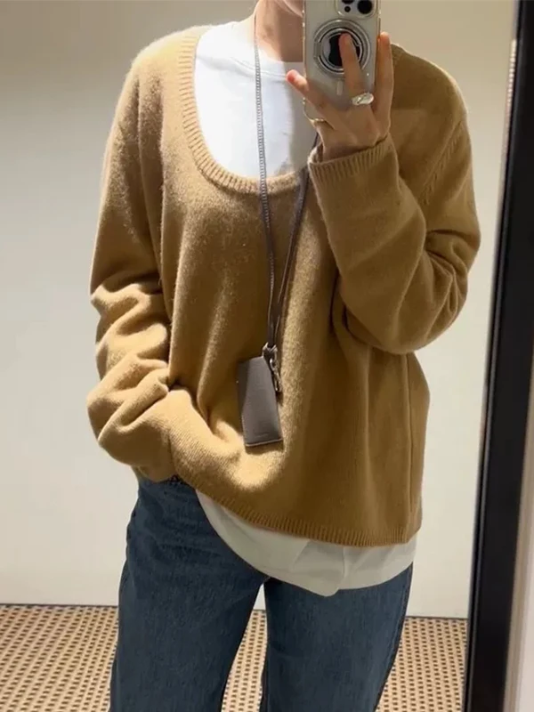 

Moondal Women's Long Sleeve Knitted Sweater Warm Loose Slimming Early Autumn New Style Korean Version Deep U Neck Pure Color