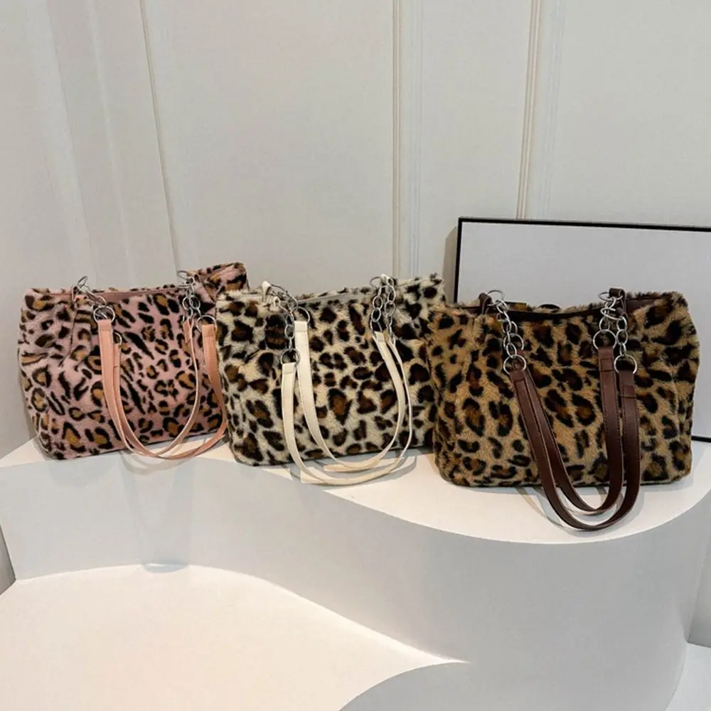 

Fashion Square Shape Fluffy Tote Bag Underarm Style Trendy Design Leopard Print Bag Large Capacity Tote Bag Social Events