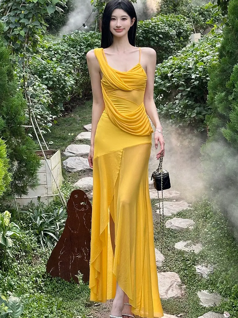

WEIRD PUSS для похудения, пляжное длинное платье с высокой талией, прозрачное сексуальное желтое платье для женщин, летний сезон, атласное платье