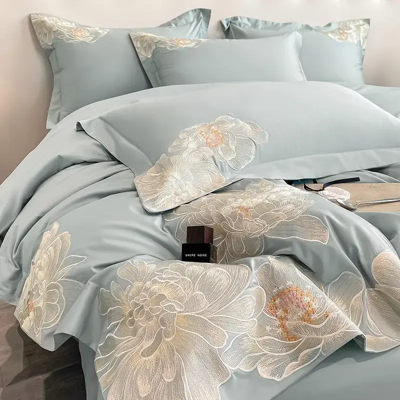 

High-end Floral Embroidery Green Red Bedding Set Luxury Egyptian Cotton Solid Duvet Cover Flat or Fitted Bed Sheet Pillowcases