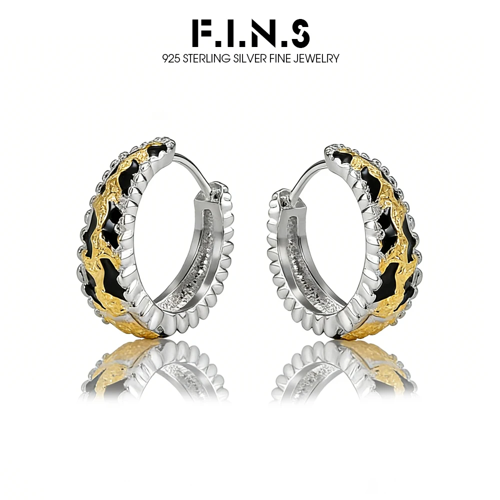 F.I.N.S Tiger-Stripe Texture S925 Sterling Silver Hoop Earrings Chic Black Enameled Round Ear Buckle Hypoallergenic Fine Jewelry