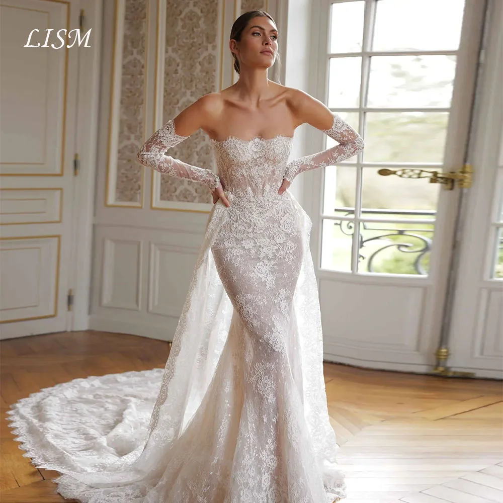 Lism Customized Mermaid Lace Wedding Dress Strapless Remove Sleeves Detachable Train Bridal Gown Princess Vestidos De Novia