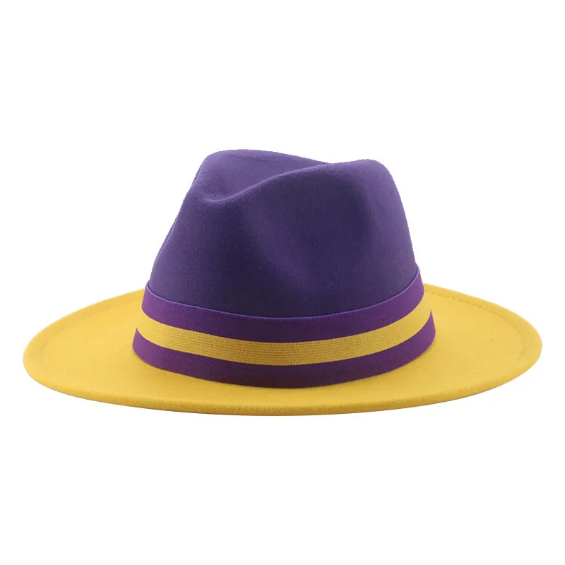 Stitching Hat Classic Flat Brim Fur Felt Hat Tie-dyed Color Matching European And American Retro Fedora Hat