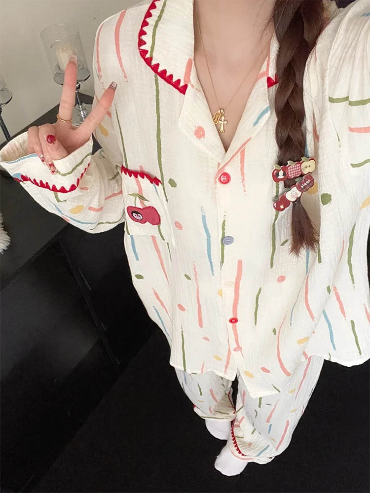 2026-新綿パジャマ女性の春秋長袖かわいいドーパミンストライプホーム服セット夏快適なパジャマ