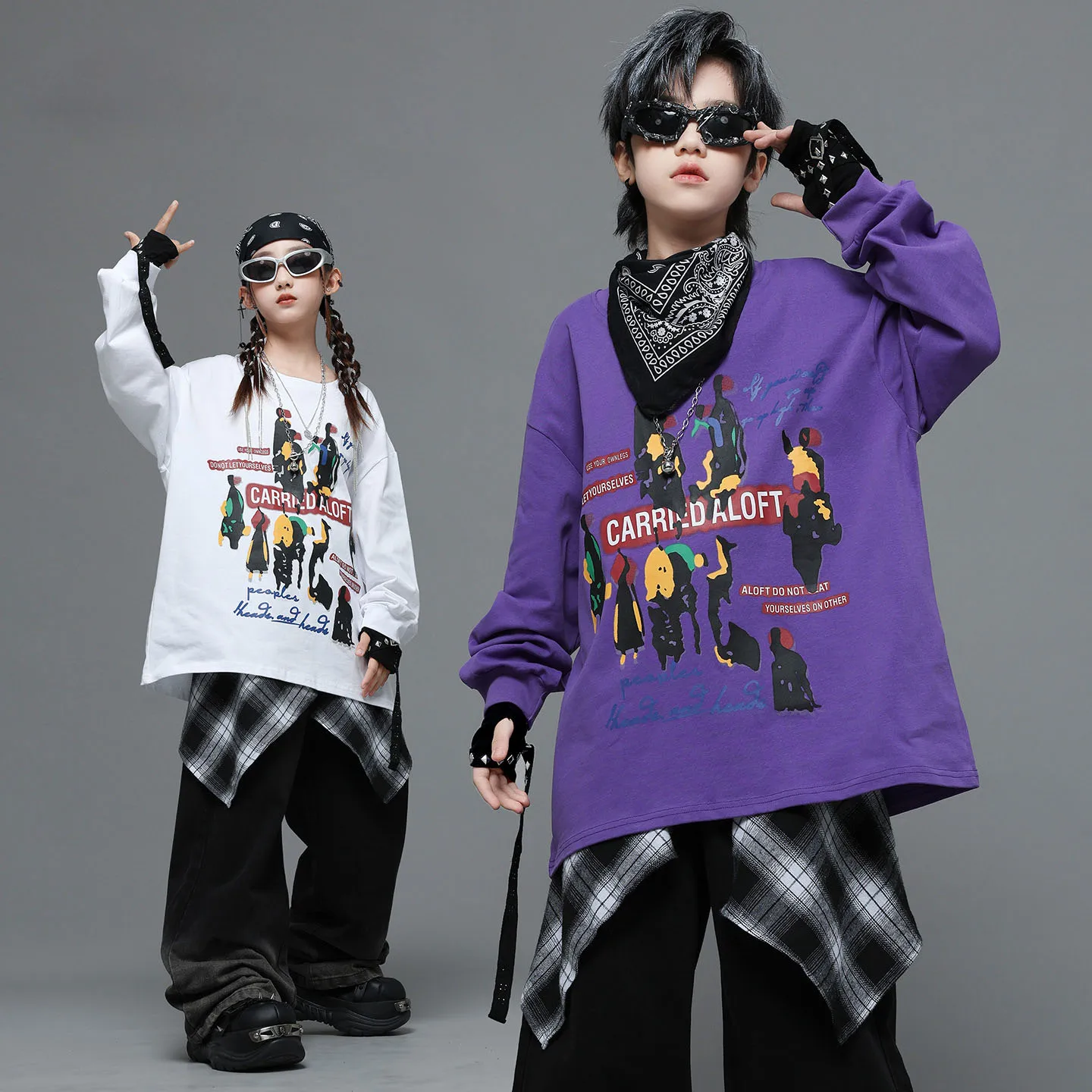 

Детская одежда в стиле хип-хоп Kpop, фиолетовый, серый свитшот с принтом, черные повседневные джинсы, мешковатые брюки для девочек и мальчиков, костюм для уличных танцев, одежда