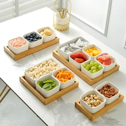 Ceramic Bamboo and Wood Compartment Dry Fruit Plate Snack Storage Box Fruit Plate Separate Plate Snack Plate Wooden Tray