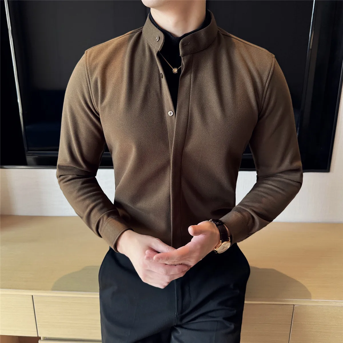 

Thick Warm Chinese Stand Collar Shirt Fake Two-piece High Quality Social Casual Shirt Men Long Sleeve Designer 2025 Male Clothes