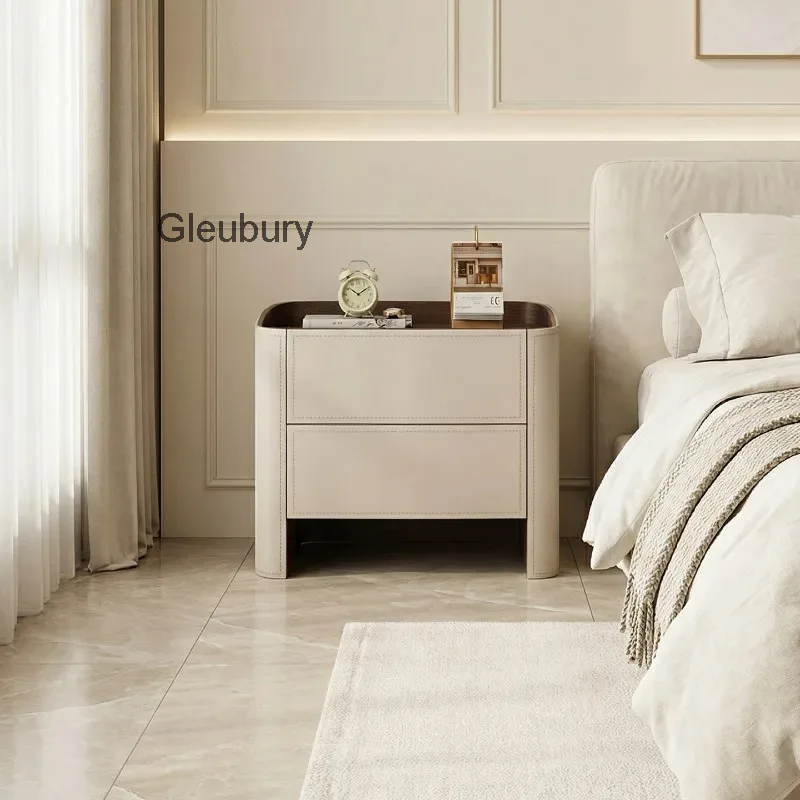 Curved Edge Upholstered Nightstand, Stitched Surface & Contrast Tabletop, Modern Minimalist Bedside Storage Cabinet for Bedroom