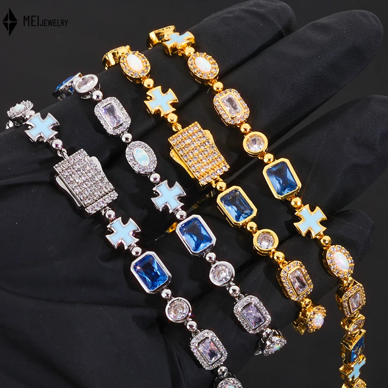 

Customized Hip Hop 6MM Drip Oil Cross Necklace Men Women Blue Gemstone Jewelry Chain Opal Bracelet Set