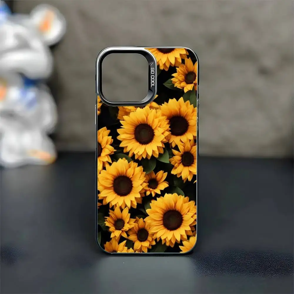 เคสโทรศัพท์ลายดอกทานตะวันสุดโรแมนติก สำหรับ iPhone 16,15,14,13,12,11,Mini,Pro,MAX สีดำด้าน กันกระแทก