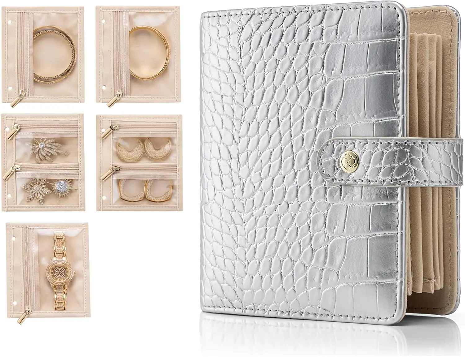 

Small Jewelry Book Organizer - Leather Travel Jewelry Case with 5 Detachable Pages, Multi Zipped Pockets for Necklaces R