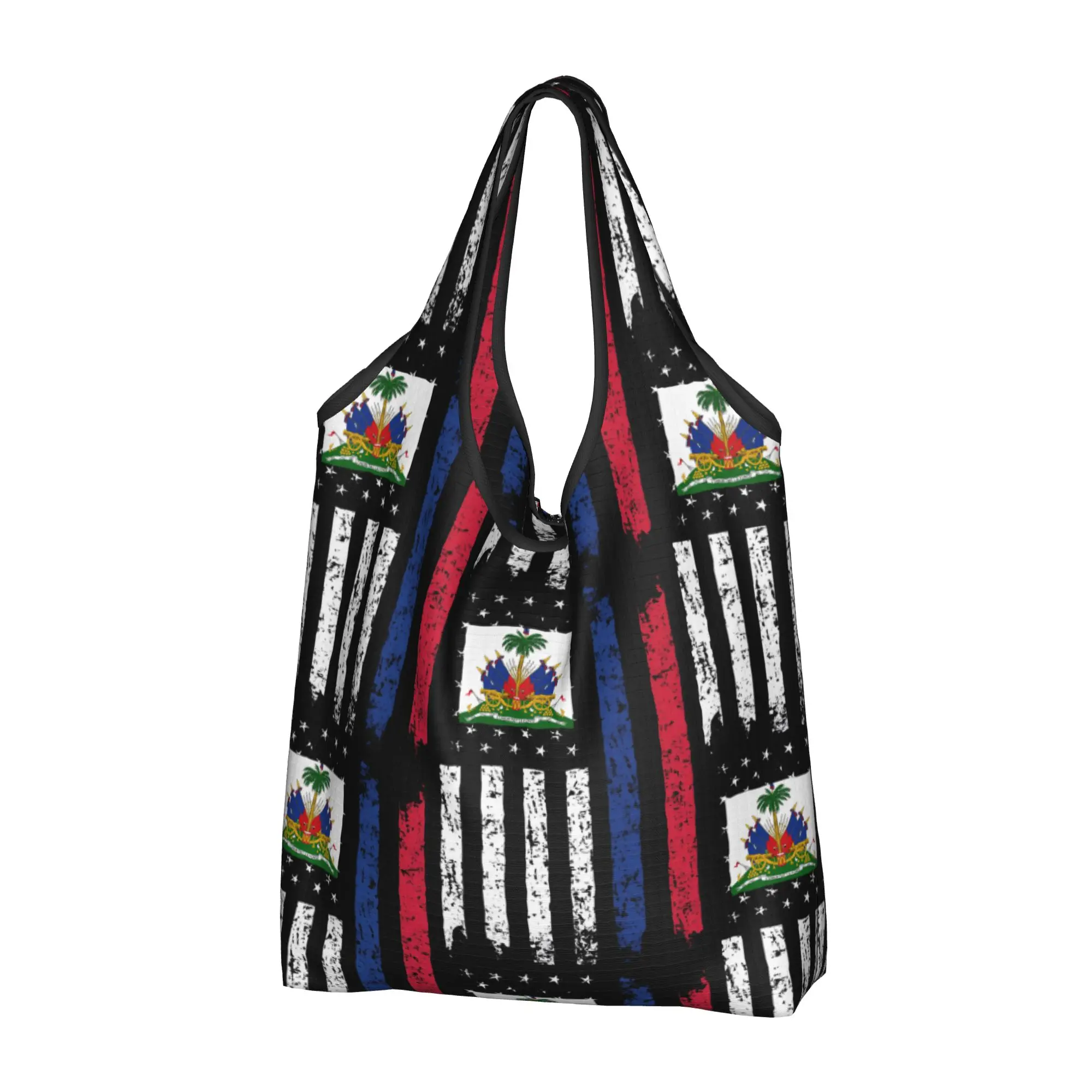 Funny Half Haitian Half American Flag Haiti Shopping Tote Bags Portable Patriotic Groceries Shoulder Shopper Bag