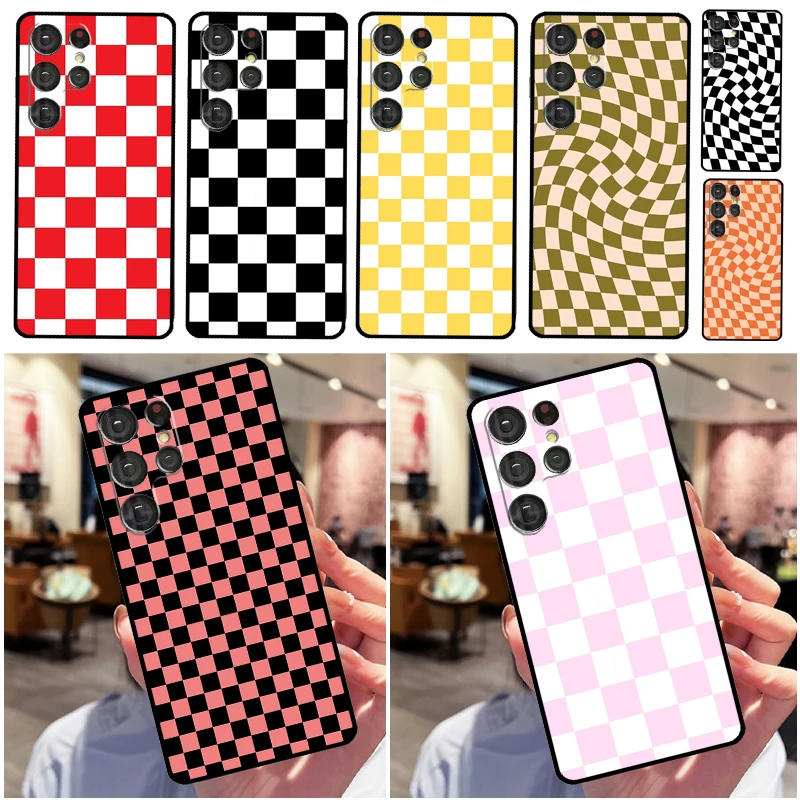 Checkerboard Pattern Mustard Yellow Back Cover For Samsung Galaxy S20 FE S21 FE S22 S23 Ultra Note 20 10 S8 S9 S10 Plus Case