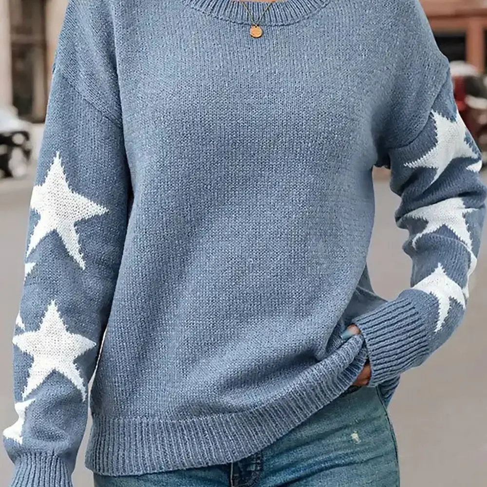 

Women's round Neck Pullover Knitwear Pure Color Five-Pointed Star Jacquard Design European American Style Autumn Winter Fashion
