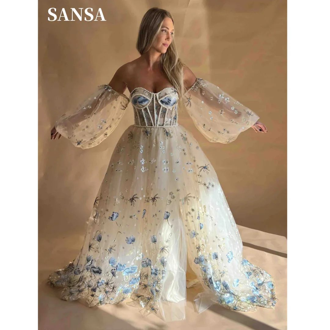 Sansa Princess Puffy Sleeve A-line Wedding Dress Flower Lace Vestidos De Novia Sweet Pearl On Chest Robe De Mariée