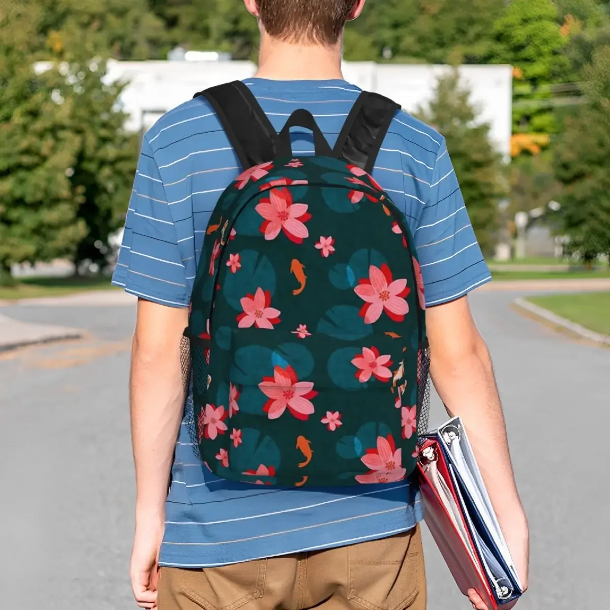 Mochila escolar serena para adolescentes, lagoa Koi com água Lillies flores e almofadas, bolsa de ombro adolescente, mochila de viagem