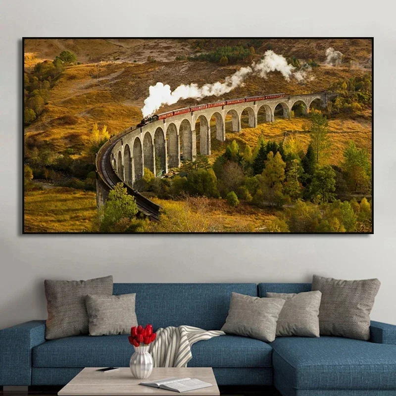 Affiches murales vintage : Composition de train à vapeur rouge sur pont ferroviaire, paysage d'automne – Décoration pour salon et maison