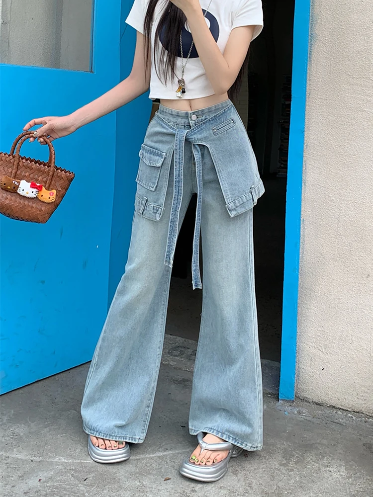 여성 의류 블랙 청바지 드로스트링 신축성 있는 허리 편안한 루즈핏 여성 데님 패션 편안한 기본 심플 데일리웨어