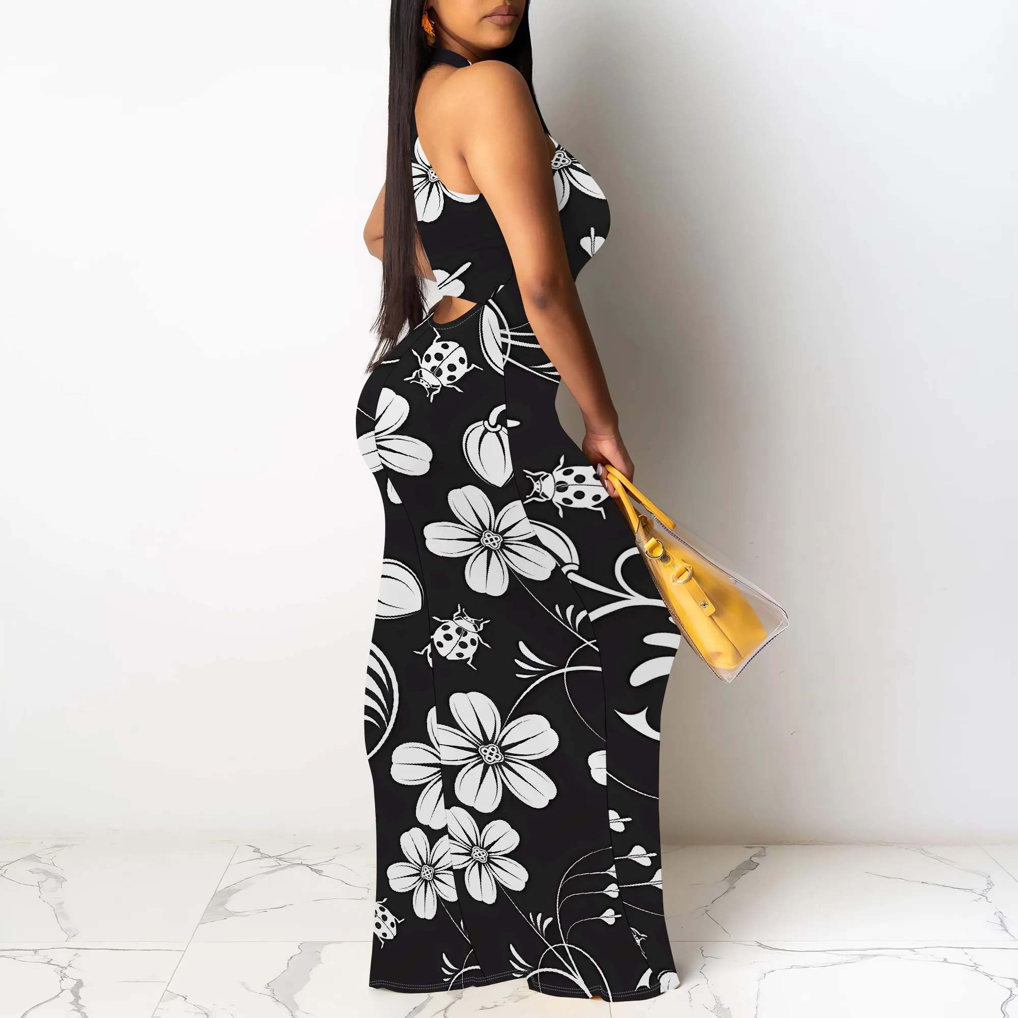 Sukienka maxi z dekoltem w serek, damska bez rękawów, letnia elegancka, długa sukienka z kwiatowym nadrukiem na wakacje na plaży