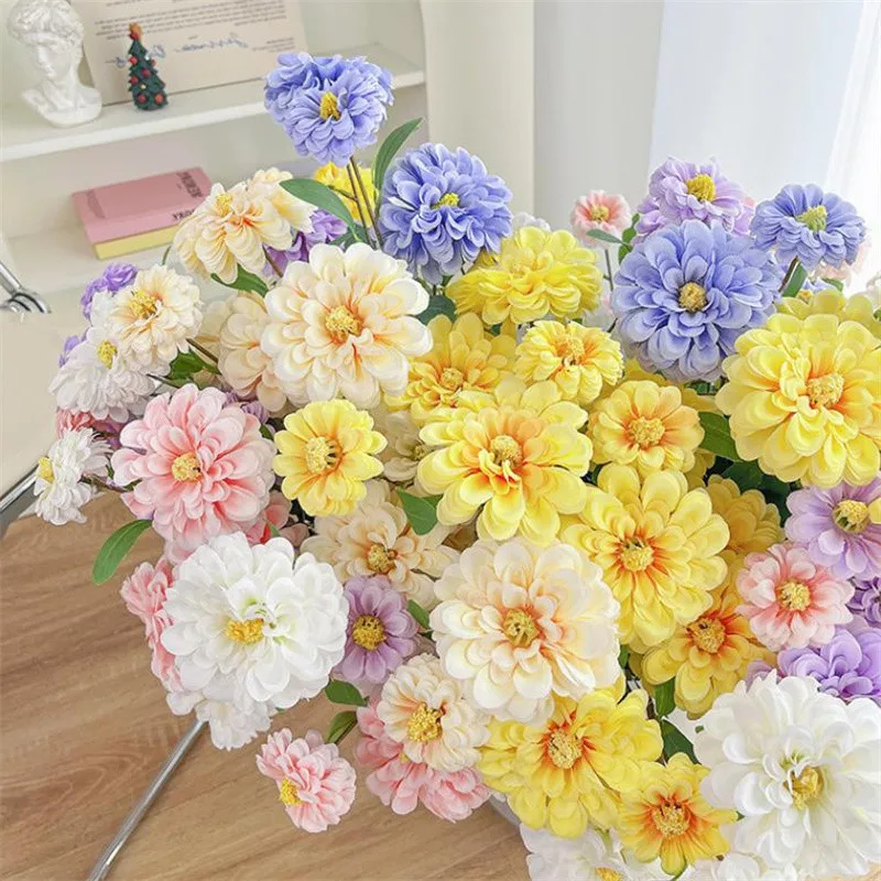 5Pcs Faux Spring Chrysanthemum (3 Heads/Piece) Simulation Long Stem Calendula Officinalis for Wedding Centerpieces