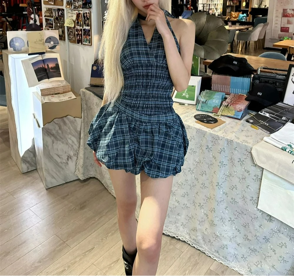 Ensemble deux pièces pour haut à col suspendu, nouveau Design à carreaux, nœud papillon, taille haute, bourgeon de fleur, demi-jupe, été 2025