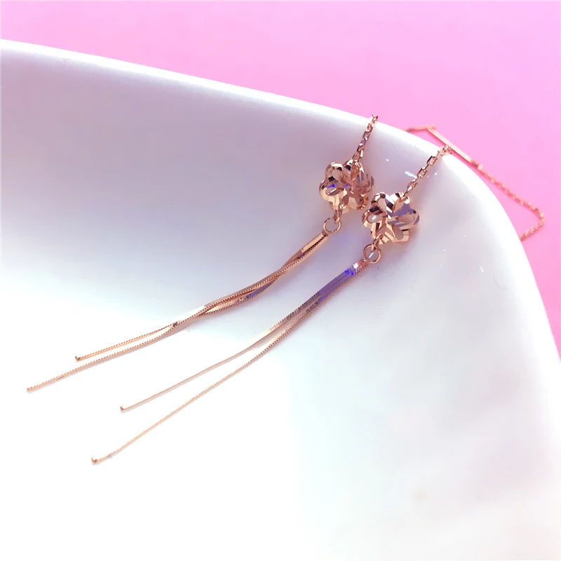 585 Purple Gold Plated 14K Rose Gold New Small Flower Soft Chain Tassel Ear Line Classic Charm Light Luxury Engagement Jewelry