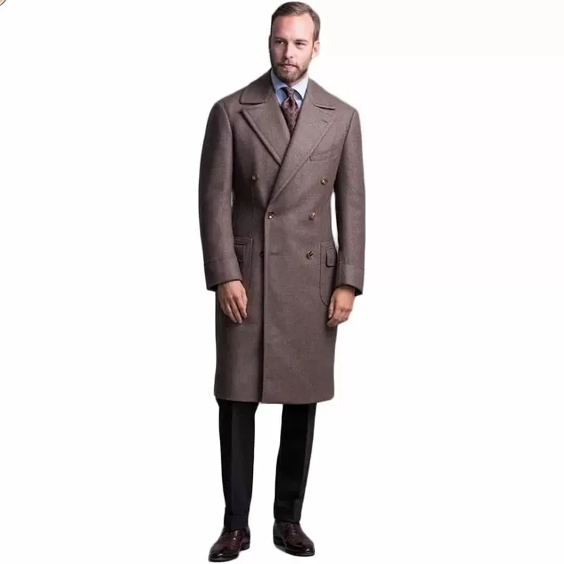 Marrom escuro masculino ternos inverno longo casaco de lã casaco 1 peça duplo breasted formal negócio grosso cashmere jaqueta personalizar