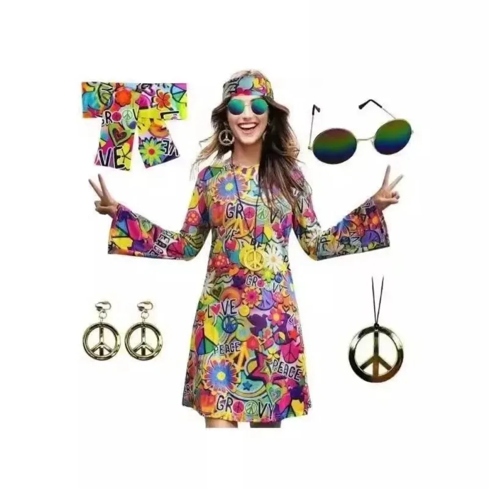 Women’s Hippie Dress 1970s Costume Necklace Earrings Sunglasses Disco Outfit 1960s Party Costume Halloween Retro Dress (M Size)
